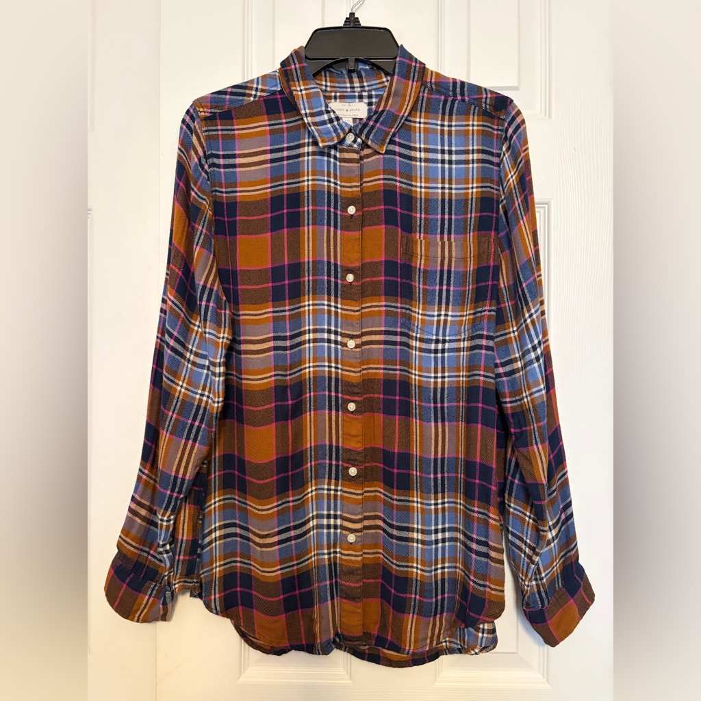 Lucky Brand Womens Blue And Brown Plaid Shirt Large